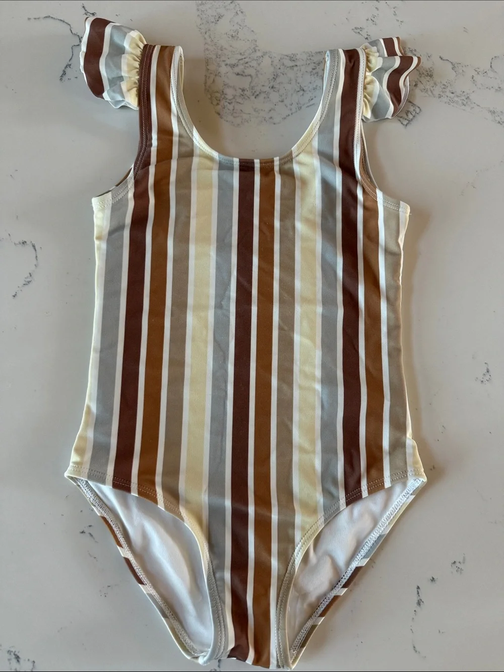 Rylee + Cru multi stripe Brown Cream Color frill one piece Swimsuit size 4-5